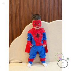 Bộ Trang Phục Người Nhện Dài Tay Cho Bé - Áo Choàng Đỏ Xanh Kèm Mặt Nạ Cotton Thời Trang Trẻ Em