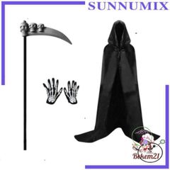 Bộ Đồ Hóa Trang Thần Chết Halloween 4 Món - Áo Choàng Có Mũ, Mặt Nạ, Găng Tay và Lưỡi Hái - Đạo Cụ Kinh Dị Cho Tiệc Hóa Trang