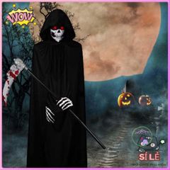 Bộ Trang Phục Thần Chết Halloween 3 Món - Áo Choàng Đen, Găng Tay Hình Xương Độc Đáo, Hoàn Hảo Cho Tiệc Hóa Trang