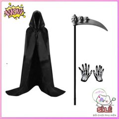 Bộ Trang Phục Thần Chết Halloween 3 Món - Áo Choàng Đen, Găng Tay Hình Xương Độc Đáo, Hoàn Hảo Cho Tiệc Hóa Trang