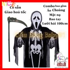 Bộ trang phục Halloween Thần Chết - Áo choàng, Mặt nạ, Lưỡi hái 1m và Găng tay cho bữa tiệc hóa trang, Lễ hội ma mị