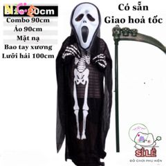 Bộ trang phục Halloween Thần Chết - Áo choàng, Mặt nạ, Lưỡi hái 1m và Găng tay cho bữa tiệc hóa trang, Lễ hội ma mị