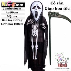 Bộ trang phục Halloween Thần Chết - Áo choàng, Mặt nạ, Lưỡi hái 1m và Găng tay cho bữa tiệc hóa trang, Lễ hội ma mị