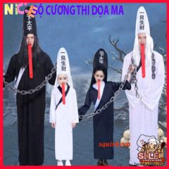 Trang Phục Halloween Hắc Bạch Vô Thường - Áo Choàng Đáng Sợ, Găng Tay Xương, Kính LED Đỏ - Hóa Thân Thú Vị Cho Tiệc Halloween