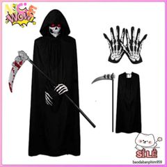 Bộ Trang Phục Halloween Thần Chết - Áo Choàng Có Mũ, Găng Tay Xương Sợ Hãi - Thời Trang Hóa Trang Độc Đáo Cho Tiệc Tùng