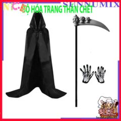 Bộ Trang Phục Halloween Thần Chết 3 Món - Áo Choàng Đầu Ma Quái, Áo Khoác và Găng Tay Xương Độc Đáo cho Bữa Tiệc Hóa Trang