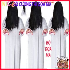 Bộ Hóa Trang Ma Quái Tóc Trắng Cho Halloween - Áo Choàng, Găng Tay, Mũ & Kính LED Đỏ, Trang Phục Cosplay Thần Chết Kinh Dị