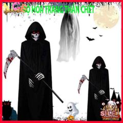 Áo Choàng Thần Chết Halloween Đen Đỏ - Trang Phục Tiệc Halloween Cho Người Lớn & Trẻ Em, Dài 90-120cm, Nón Kèm Theo