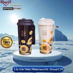 Cốc Giữ Nhiệt Inox 316 500ml 2GOOD C29 Họa Tiết Hoa Hướng Dương - Kèm Ống Hút Tiện Lợi, Hàng Chính Hãng
