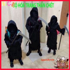 Bộ Đồ Hóa Trang Thần Chết Kinh Dị Halloween - Bộ Trang Phục Đầy Đủ Cho Người Lớn & Trẻ Em, Mặt Nạ Đầu Lâu và Găng Tay Hình Xương