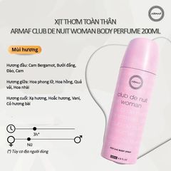 Xịt Thơm Toàn Thân Nữ Armaf Club De Nuit 200ml - Hương Nước Hoa Quyến Rũ, Sang Trọng, Quà Tặng Đặc Biệt Lý Tưởng