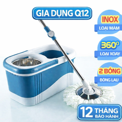 Bộ Lau Nhà Tự Vắt Xoay 360 Độ Inox Bánh Xe - Tặng Kèm Bông Lau Siêu Thấm, Dễ Dàng Vệ Sinh Sàn Gạch, Gỗ, Dưới Gầm Tủ