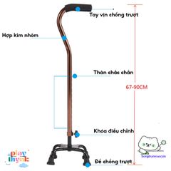 Gậy chống 4 chân cho người già - Hợp kim nhôm chống gỉ, điều chỉnh chiều cao 67-90cm, hỗ trợ đi lại an toàn.