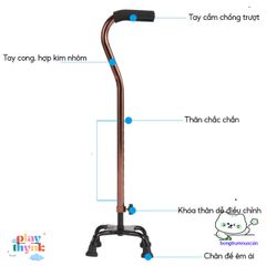 Gậy Chống 4 Chân Nhôm Bền Bỉ Cho Người Già - Điều Chỉnh Cao 67-90cm, Hỗ Trợ Đi Lại An Toàn, Phù Hợp Sau Chấn Thương