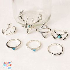 Set 7 Nhẫn Cổ Điển Boho Phong Cách Nữ - Trang Sức Thời Trang Độc Đáo Bằng Hợp Kim và Ngọc Lam