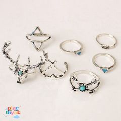 Set 7 Nhẫn Cổ Điển Boho Phong Cách Nữ - Trang Sức Thời Trang Độc Đáo Bằng Hợp Kim và Ngọc Lam