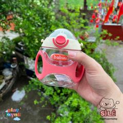 Bình nước Babuu 330ml chống sặc cho bé - Bình tập uống nhựa Tritan an toàn, có tay cầm và dây đeo tiện lợi