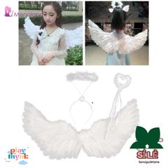 Cánh Thiên Thần Trắng cho Trẻ Em - Bộ Trang Phục Hóa Trang Halloween với Băng Đô và Que - Quà Tặng Đáng Yêu cho Bé Gái