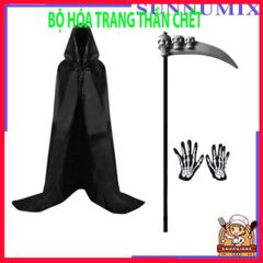 Bộ Trang Phục Thần Chết Halloween 3 Mảnh Với Họa Tiết Xương Đầu Lâu - Áo Choàng, Găng Tay Phù Hợp Cho Tiệc Hóa Trang