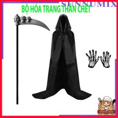 Bộ Trang Phục Thần Chết Halloween 3 Mảnh Với Họa Tiết Xương Đầu Lâu - Áo Choàng, Găng Tay Phù Hợp Cho Tiệc Hóa Trang