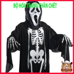 Bộ trang phục Thần Chết Cosplay Đen Huyền Bí cho Người Lớn và Trẻ Em - Trang Phục Halloween với Hình Họa Đầu Lâu Kinh Dị