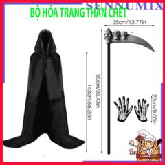 Bộ trang phục Thần Chết quái dị cho Halloween: lưỡi hái, bao tay, mặt nạ và áo choàng xương đầu lâu. 580838