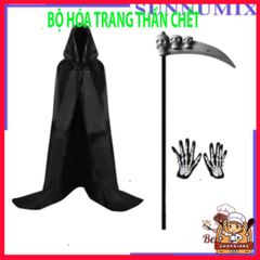 Bộ trang phục Thần Chết quái dị cho Halloween: lưỡi hái, bao tay, mặt nạ và áo choàng xương đầu lâu. 580838