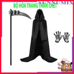 Bộ trang phục Thần Chết quái dị cho Halloween: lưỡi hái, bao tay, mặt nạ và áo choàng xương đầu lâu. 580838