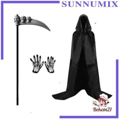 Bộ trang phục Thần Chết quái dị cho Halloween: lưỡi hái, bao tay, mặt nạ và áo choàng xương đầu lâu. 580838