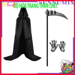 Bộ Trang Phục Halloween Thần Chết 3 Món - Áo Choàng và Găng Tay Xương Độc Đáo cho Tiệc Hóa Trang và Lễ Hội Ma Quái