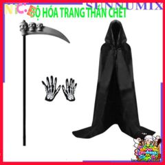 Bộ Trang Phục Halloween Thần Chết 3 Món - Áo Choàng và Găng Tay Xương Độc Đáo cho Tiệc Hóa Trang và Lễ Hội Ma Quái