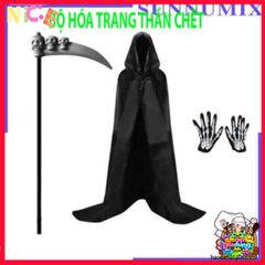 Bộ Trang Phục Halloween Thần Chết 3 Món - Áo Choàng và Găng Tay Xương Độc Đáo cho Tiệc Hóa Trang và Lễ Hội Ma Quái