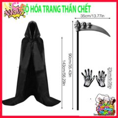 Bộ Trang Phục Halloween Thần Chết Xương - Áo Choàng Đen Có Mũ & Găng Tay Thần Chết - Phụ Kiện Tiệc Hóa Trang Ma Quái