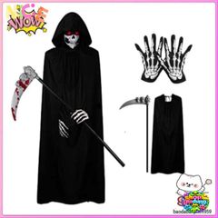 Bộ Trang Phục Halloween Thần Chết Xương - Áo Choàng Đen Có Mũ & Găng Tay Thần Chết - Phụ Kiện Tiệc Hóa Trang Ma Quái