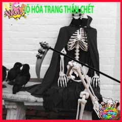 Bộ Trang Phục Halloween Thần Chết Xương - Áo Choàng Đen Có Mũ & Găng Tay Thần Chết - Phụ Kiện Tiệc Hóa Trang Ma Quái