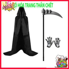 Bộ Trang Phục Halloween Thần Chết Xương - Áo Choàng Đen Có Mũ & Găng Tay Thần Chết - Phụ Kiện Tiệc Hóa Trang Ma Quái