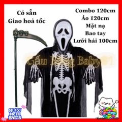Bộ Trang Phục Hóa Trang Thần Chết Halloween - Áo Bộ Xương + Mặt Nạ Ma + Lưỡi Hái 1m - Phụ Kiện Cuốn Hút Cho Lễ Hội Ma Quái