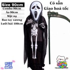Bộ Trang Phục Hóa Trang Thần Chết Halloween - Áo Bộ Xương + Mặt Nạ Ma + Lưỡi Hái 1m - Phụ Kiện Cuốn Hút Cho Lễ Hội Ma Quái