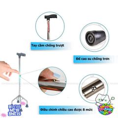 Gậy Chống Inox Haruko 1-3-4 Chân - Thiết Kế An Toàn Cho Người Già, Điều Chỉnh Chiều Cao, Đế Cao Su Chống Trơn, Quà Tặng Ý Nghĩa