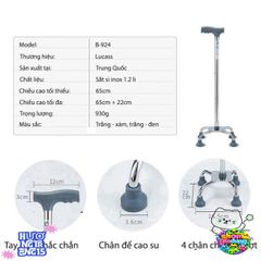 Gậy Chống Đi Lucass B-924 - Gậy 4 Chân Chỉnh Chiều Cao, Hỗ Trợ Di Chuyển An Toàn Cho Người Già và Người Khuyết Tật