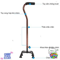 Gậy Chống 4 Chân Nhôm Điều Chỉnh 67-90cm Hỗ Trợ Người Cao Tuổi - Cứng Cáp, An Toàn Dùng Đi Lại