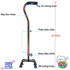 Gậy Chống 4 Chân Nhôm Điều Chỉnh 67-90cm Hỗ Trợ Người Cao Tuổi - Cứng Cáp, An Toàn Dùng Đi Lại