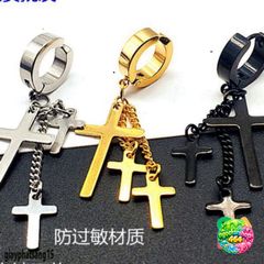 Khuyên tai BTS Dây Xích Treo 3 Thánh Giá - Bông Tai Titan Không Gỉ Đen Bạc Cho Nữ & Nam, Kẹp Tai Không Bấm Lỗ