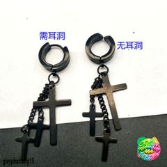 Khuyên tai BTS Dây Xích Treo 3 Thánh Giá - Bông Tai Titan Không Gỉ Đen Bạc Cho Nữ & Nam, Kẹp Tai Không Bấm Lỗ
