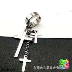 Khuyên tai BTS Dây Xích Treo 3 Thánh Giá - Bông Tai Titan Không Gỉ Đen Bạc Cho Nữ & Nam, Kẹp Tai Không Bấm Lỗ