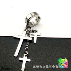 Khuyên tai BTS Dây Xích Treo 3 Thánh Giá - Bông Tai Titan Không Gỉ Đen Bạc Cho Nữ & Nam, Kẹp Tai Không Bấm Lỗ