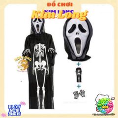 Bộ Trang Phục Hóa Trang Halloween Bộ Xương 3 Món - Áo Choàng, Găng Tay, Mặt Nạ Dành Cho Trẻ Em và Người Lớn
