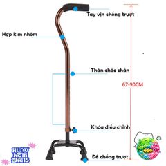 Gậy Chống 4 Chân Nhôm Chắc Chắn - Gậy Hỗ Trợ Đi Lại Cho Người Già, Điều Chỉnh Cao Thấp Từ 67-90cm, Batoong Chống Trượt Ổn Định