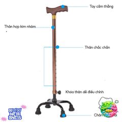 Gậy Chống 4 Chân Nhôm Chắc Chắn - Gậy Hỗ Trợ Đi Lại Cho Người Già, Điều Chỉnh Cao Thấp Từ 67-90cm, Batoong Chống Trượt Ổn Định