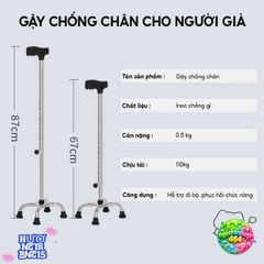 Gậy Chống 4 Chân Nhôm Chắc Chắn - Gậy Hỗ Trợ Đi Lại Cho Người Già, Điều Chỉnh Cao Thấp Từ 67-90cm, Batoong Chống Trượt Ổn Định